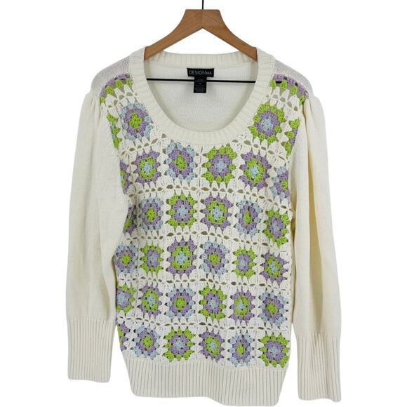 Design 365 Crochet Front Pullover Sweater Granny Square Cream Pastels Size XL - Picture 1 of 7